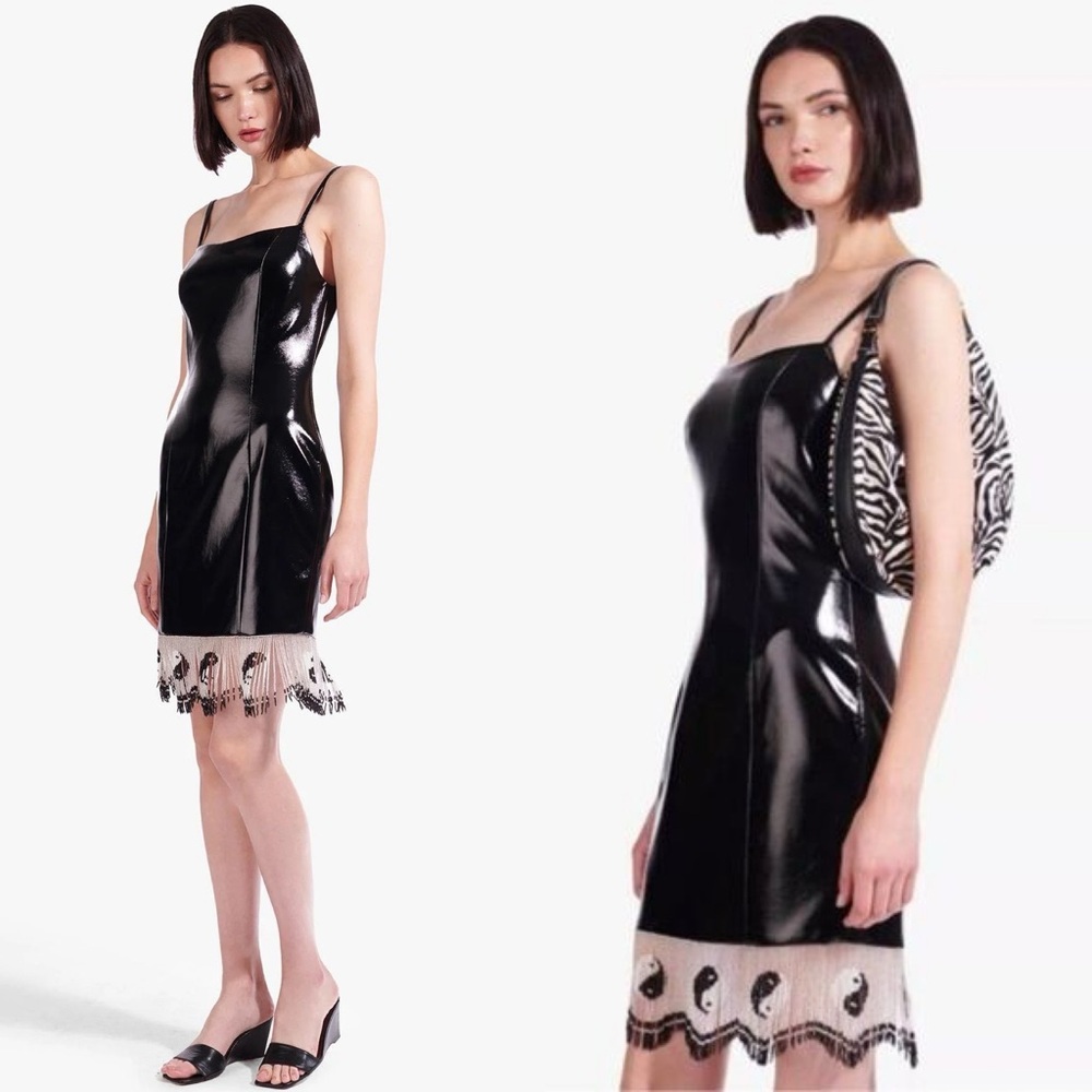 Staud Joan Beaded Fringe Yin Yang Black Patent Mini Dress Size 0